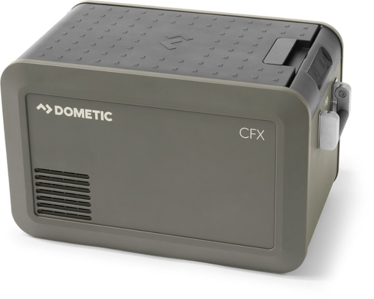 Dometic CFX5 35 powered cooler in use at a campsite, showing aluminum handles and digital display