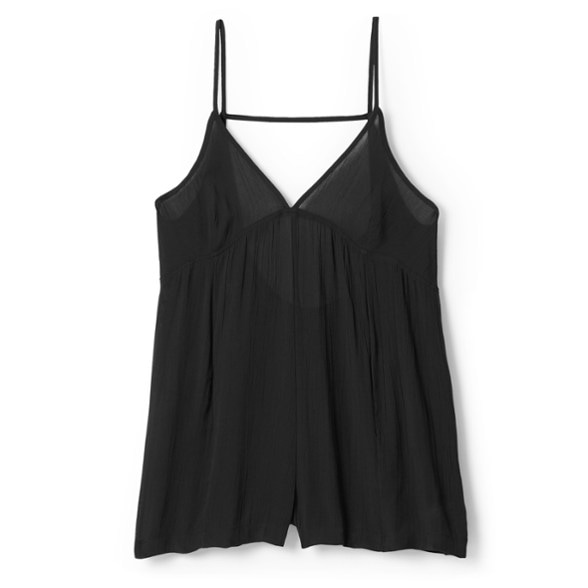 Close-up of the lightweight crinkle fabric on the women's romper, highlighting its texture and breathability