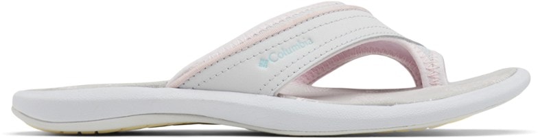 Close-up of Columbia Kea II women's leather flip-flops showing the texture of the material