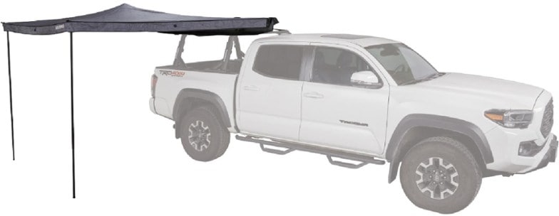 Side view of Yakima MajorShady 270-degree roof-mounted awning attached to SUV in a camping setting