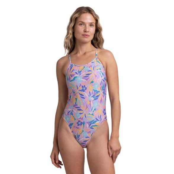 Front view of vibrant print one-piece swimsuit for women