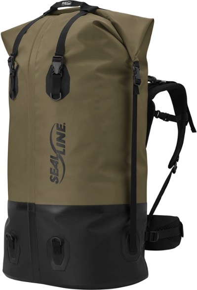 AquaLift Pro 120L waterproof backpack viewed from the front, showcasing the padded straps and DrySeal™ closure.