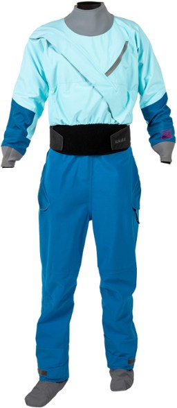 Kokatat Meridian GORE-TEX Pro women's dry suit front view, showcasing the double-zipper entry flap and adjustable overskirt.