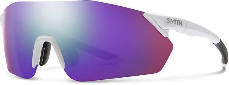 Close-up of Smith sunglasses with ChromaPop purple lens and helmet-compatible frame
