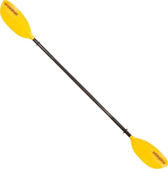 Close-up of a Tybee Ascent fiberglass high-angle kayak paddle, showcasing the ergonomic grip and adjustable ferrule system on a calm lake.