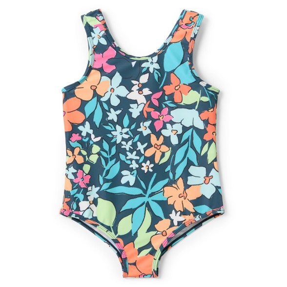 Front view of the eco-friendly one-piece swimsuit for kids, perfect for summer fun