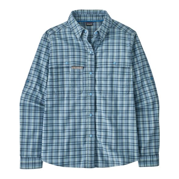 Patagonia women's stretch fishing shirt in action, showcasing its quick-dry fabric and comfortable fit.