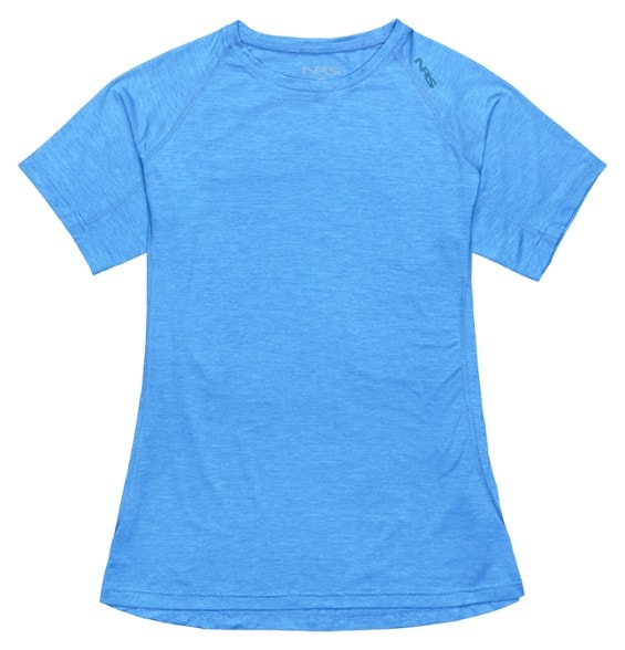 Front view of AquaLite women's T-shirt worn while paddleboarding, showcasing its sun protection features.