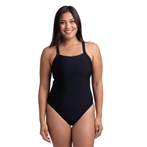 Close-up of the chlorine-resistant women's one-piece swimsuit showing durable fabric and stitching