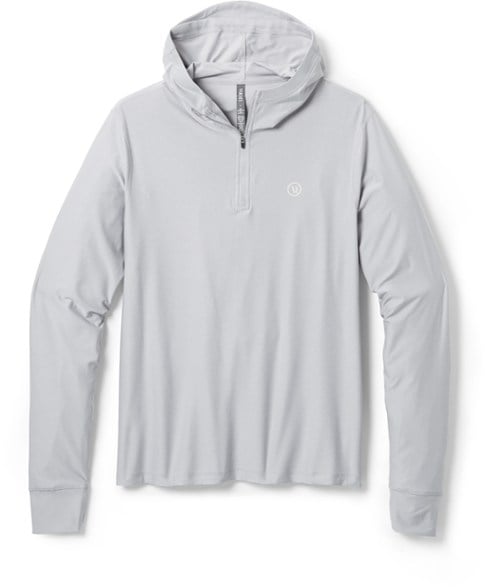 Front angle of men's water hoodie showing half-zip neckline and fitted hood in blue