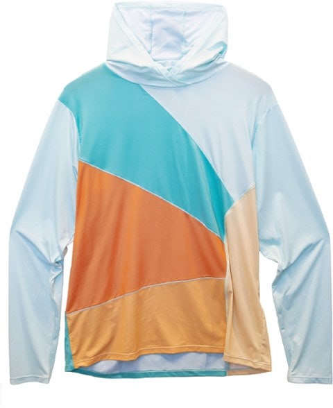 Front view of SunGlow swim pullover showing hood and colorblock style in natural beach light