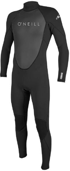 A male surfer wearing the O'Neill Reactor II Pro 3/2mm full wetsuit, standing on a beach with a surfboard, showcasing the suit's sleek fit and back-zip system.