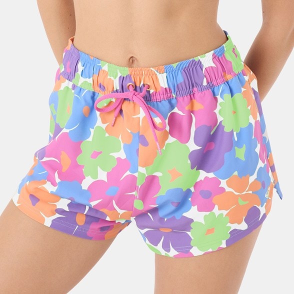Front view of Roxy California Dreamin No Bad Waves board shorts, showcasing the elasticized waist and drawcord.