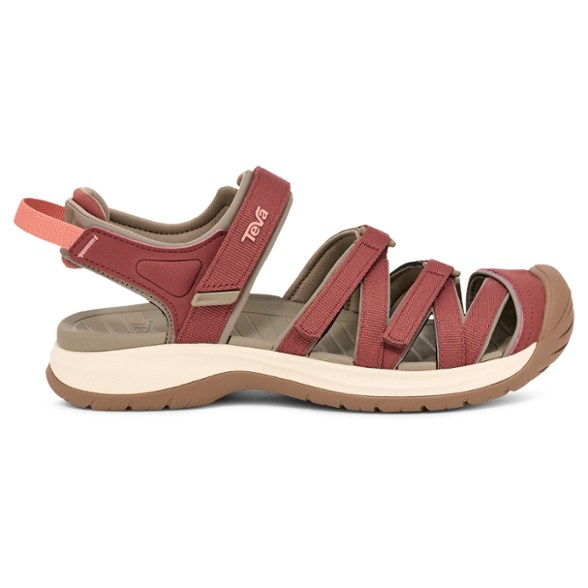 A vibrant pair of Teva Tirra Sport CT women's closed toe trail sandals displayed from a top-down angle, showcasing the recycled polyester webbing and durable toe cap.