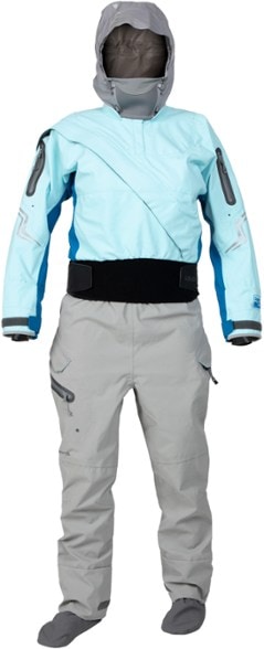 Front view of women's Odyssey ProShield GORE-TEX dry suit showcasing waterproof zippers and hood