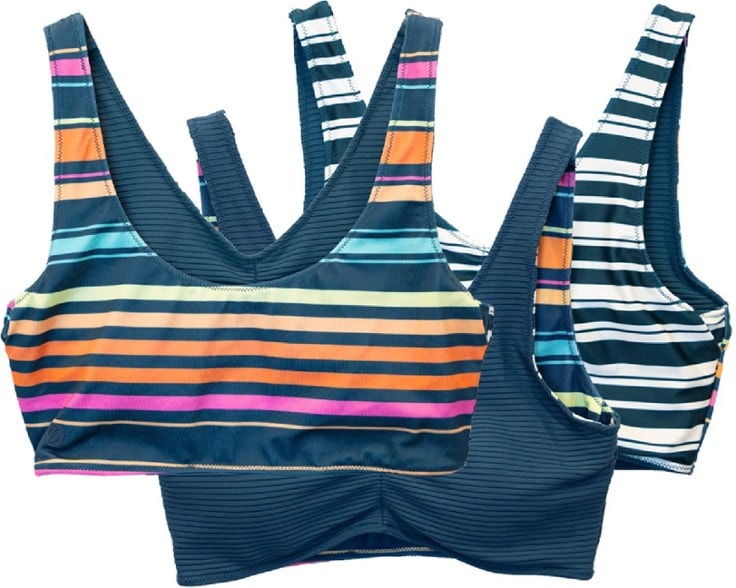 Nani 4-Way Reversible Bralette Swim Top with ruched neckline, showcasing both print and solid colors.