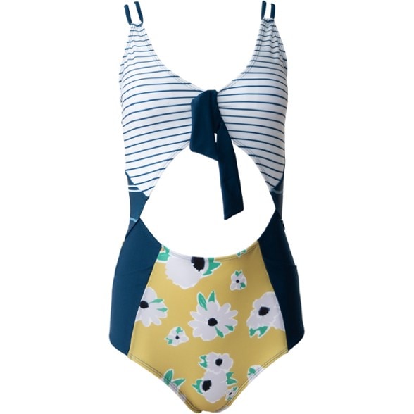 Eco-Adventure Women's One-Piece Swimsuit shown from the front with adjustable straps in a vibrant beach setting.