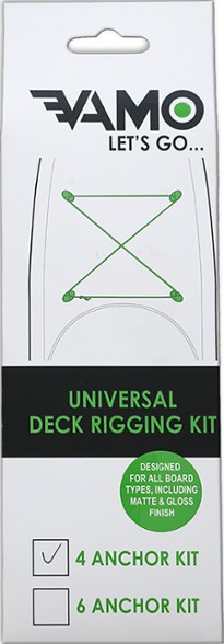 Paddle board with deck anchors and bungee cord securing gear