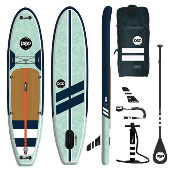 Yacht Hopper inflatable paddle board on calm waters showcasing adjustable paddle and bungee mounts.