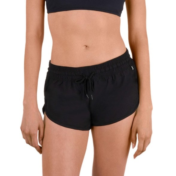 Front view of women's swimwear board shorts showing stretch waistband and drawcord