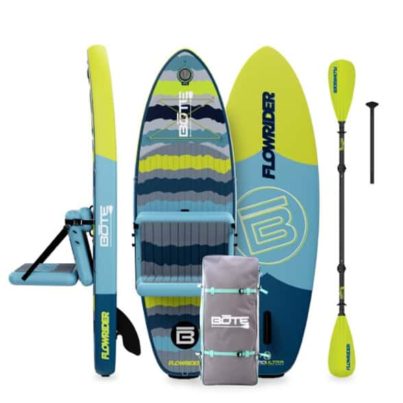 BOTE FlowRider Aero inflatable hybrid paddle board with kids enjoying on the lake.