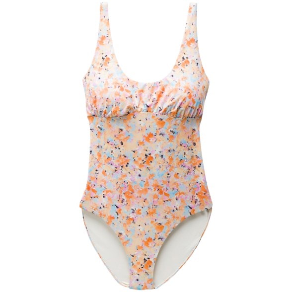 Front view of Mallorca printed one-piece swimsuit with adjustable straps