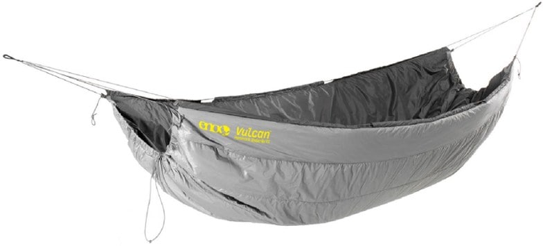 ENO Vulcan Underquilt draped over a hammock in snowy forest