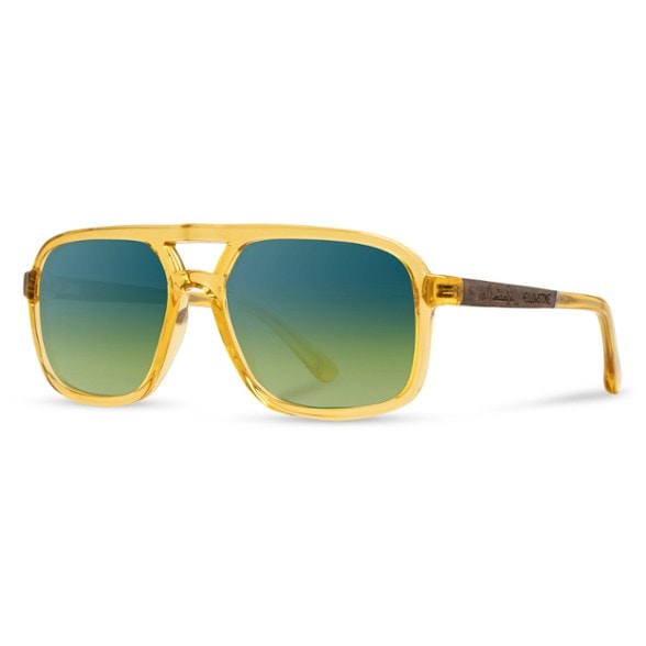 Front view of Yellowstone Glacier Adventure Polarized Sunglasses showing blue-green fade lenses and wood accents.