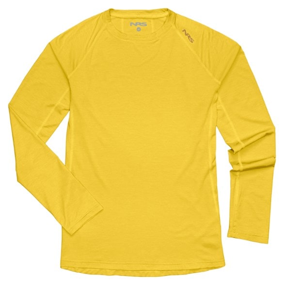 Woman wearing NRS Silkweight shirt while kayaking, demonstrating UPF 50+ protection