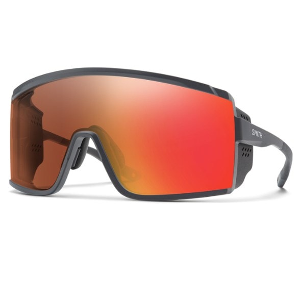 Smith Pursuit ChromaPop ski sunglasses on a skier's face with interchangeable lenses