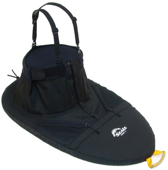 Front view of the Seals Sneak 1.4 kayak spray skirt, showing its durable black fabric and secure bungee rim, ready for use on a kayak.