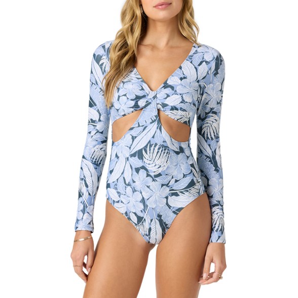 O'Neill women's long sleeve one-piece swimsuit modeled surfing