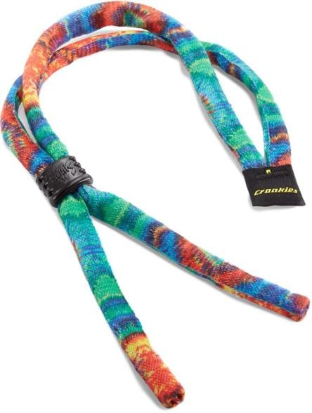 Croakies tie-dye eyewear retainer close-up showing neoprene texture and colorful design