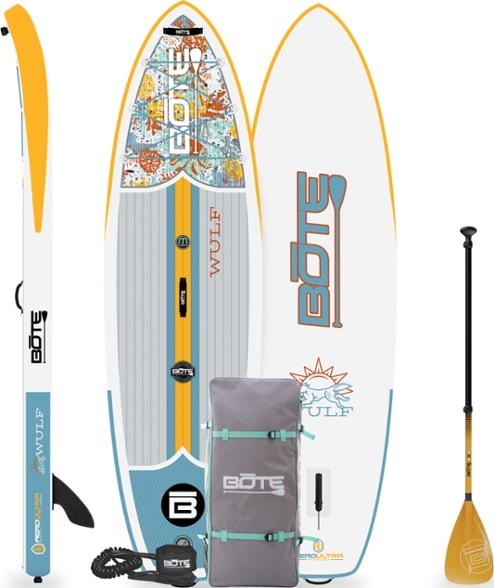 WULF Aero 10'4 inflatable paddle board on a sunny lake, showcasing its stability and design.
