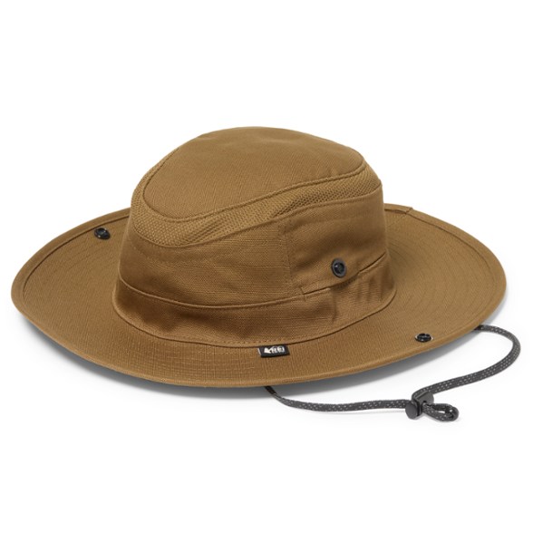 Close-up of Trailsmith sun hat showing mesh vents and UPF 50+ label