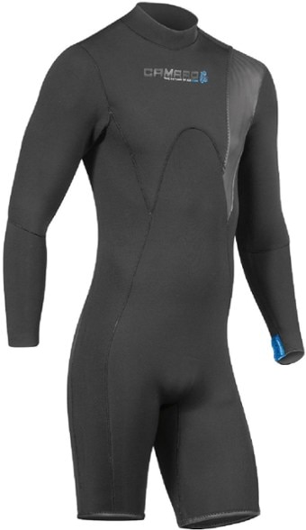Front view of men's wetsuit showing zipless neck and long sleeves