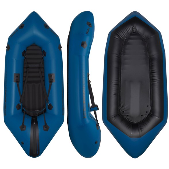 A person paddling the NRS Neutron inflatable packraft through moderate whitewater rapids, showcasing its agility and control.