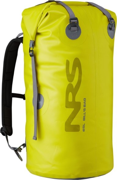 NRS Bill's Bag 65L dry bag in use during a kayaking trip, showing backpack straps and compression system