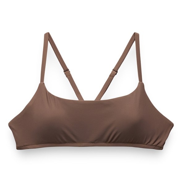 Front view of prAna womens swimsuit top with adjustable straps in coral pink