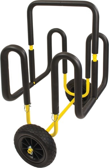 Double SUP cart loaded with two paddle boards on sandy beach