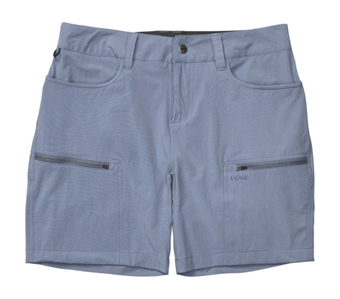 Woman kayaking in NRS Guide Quick-Dry Shorts, showcasing UPF 50+ protection and rugged design