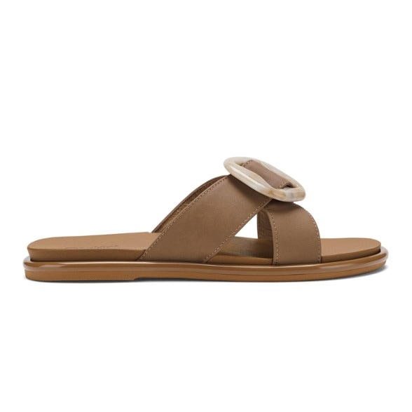 Close-up side view of women's slides showing the crisscross strap and elevated heel—part of OluKai shoes collection
