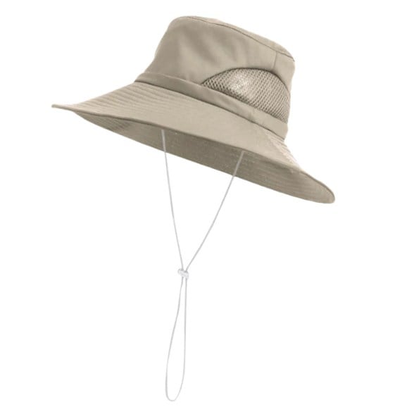 Close-up of waterproof sun hat with satin lining and wide brim for sun protection