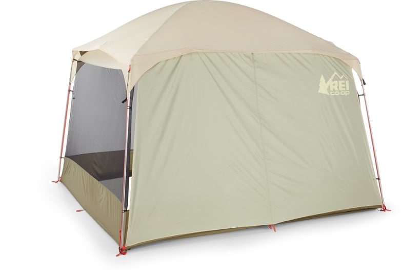 WeatherGuard screen house rainfly attached to a camping shelter in a scenic outdoor setting.