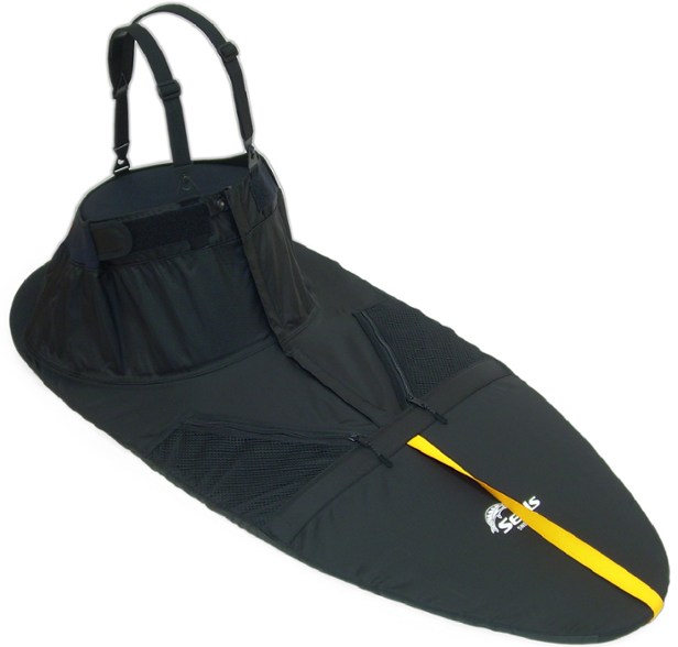 Close-up of the AquaShield Pro kayak spray skirt, showcasing the adjustable waist and neoprene tunnel.