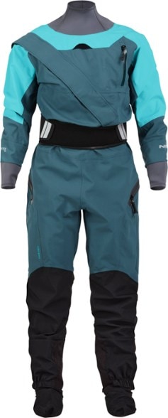 Axiom Women's GORE-TEX Dry Suit showcased on a kayak, demonstrating its waterproof features in a river setting.