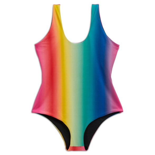 Front view of stylish reversible women’s swimsuit showing black side and rainbow side