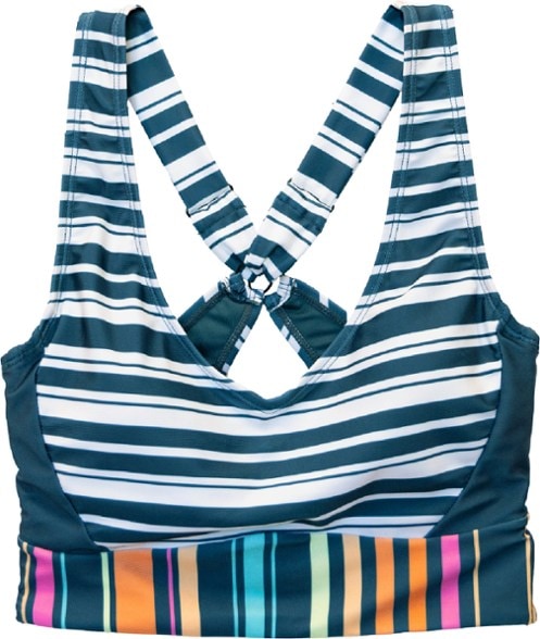 Supportive women's V-neck swim top with adjustable straps and underwire, ideal for active beach days