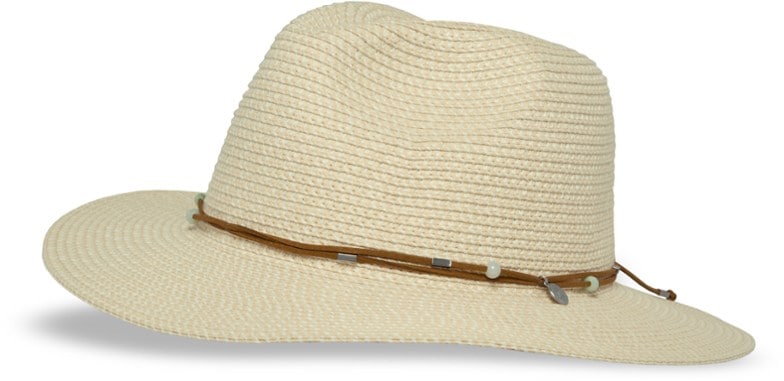 SummerGuard Beaded Sun Hat worn by a woman on a hiking trail