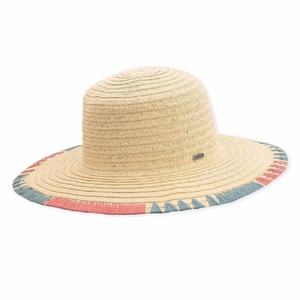 Front angle of the women's wide brim straw hat showing round crown and woven detailing